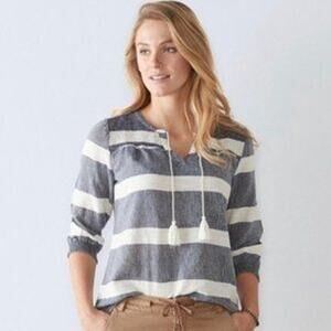 Cozy Cotton-Linen Coastal Relaxed Fit Long Cinched Sleeve Blouse w/ Tassles | M